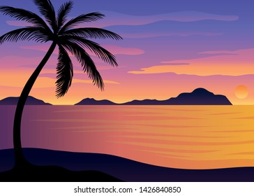 Silhouette of palm trees at sunset. Vector illustration on white background.