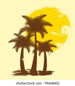 silhouette palms with sun, hand drawing. vector illustration