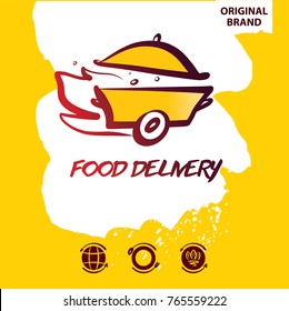 Silhouette of pan with cap. Sketch image fire, steam, wheel. Concept template for fast delivery. Home kitchen. Element design banner, poster, logo for cuisine service company