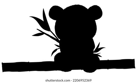 Silhouette of panda bear cub sits on bamboo trunk with bamboo branches with leaves in its paws, isolated on white background. Clipart, vector design element.