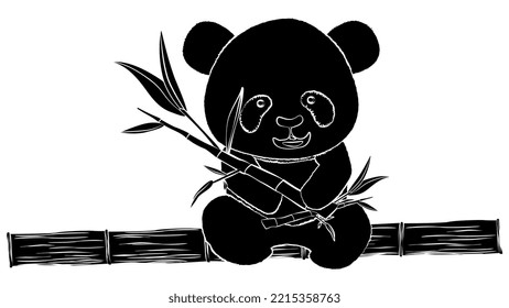 Silhouette of panda bear cub sits on bamboo trunk with bamboo branches with leaves in its paws, isolated on white background. Clipart, vector design element.