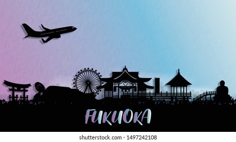 Silhouette panorama view of Fukuoka city skyline with world famous landmarks of Japan. Vector illustration.