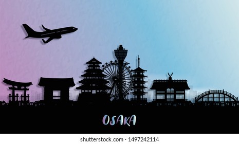 Silhouette panorama view of Osaka city skyline with world famous landmarks of Japan. Vector illustration.