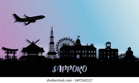 Silhouette panorama view of Sapporo city skyline with world famous landmarks of Japan. Vector illustration.