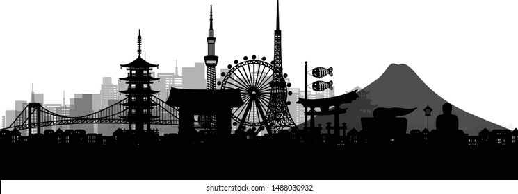 Silhouette panorama view of Tokyo city skyline with world famous landmarks of Japan. Vector illustration.