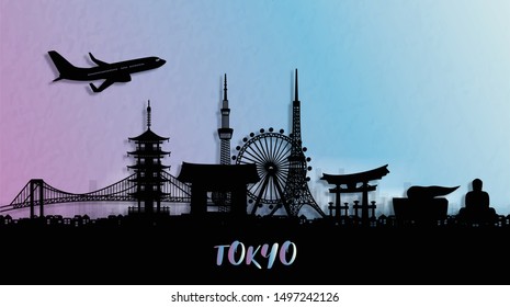 Silhouette panorama view of Tokyo city skyline with world famous landmarks of Japan. Vector illustration.