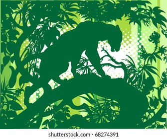 Silhouette of a panther standing on a tree branch