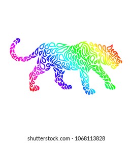 Silhouette of a panther in a tattoo style. Rainbow colors in white background. Creative colourful wild cat