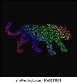 Silhouette of a panther in a tattoo style. Rainbow colors in black background. Creative colourful wild cat