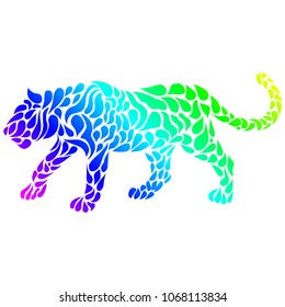 Silhouette of a panther in a tattoo style. Rainbow colors in white background. Creative colourful wild cat