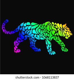 Silhouette of a panther in a tattoo style. Rainbow colors in black background. Creative colourful wild cat