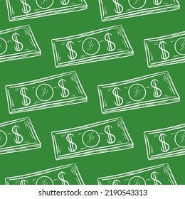 Silhouette Of Paper Banknotes On Green Background Seamless Pattern. Background With Dollars. Cash Print For Wallpaper, Paper And Design Vector Illustration