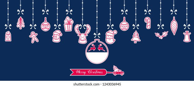 Silhouette. Paper christmas ornaments hanging with ribbon isolated background. Vector Illustration.