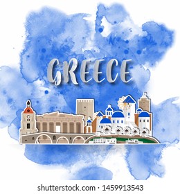 Silhouette Paper of Greece on the splash watercolor in color of Global Flag. Vector design template. use for business, banner, advertisment or education.