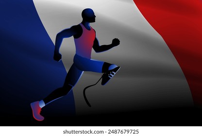 Silhouette of a para athlete running with a prosthetic leg against the background of the French flag. Perfect for a sports event and article