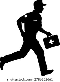 Silhouette of a paramedic running with a kit
