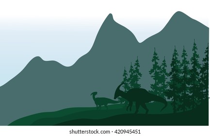 Silhouette of parasaurolophus in fields beautiful scenery