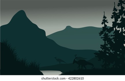 Silhouette of parasaurolophus in river with green backgrounds