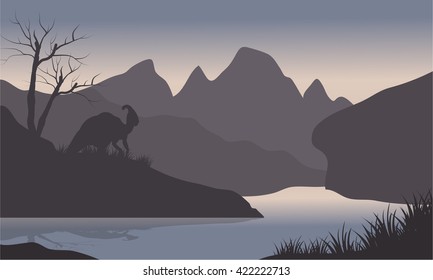 Silhouette of parasaurolophus in riverbank with gray backgrounds