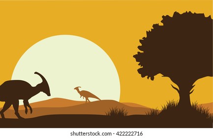 Silhouette of parasaurolophus with sun a very beautiful