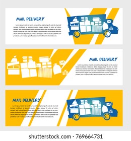 Silhouette of parcel on board van cargo. Template element corporate identity, banner, poster design for mail transportation business. Concept image logo for fast delivery.