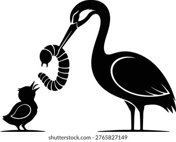 Silhouette parent bird feeding hungry chick worm animal vector design