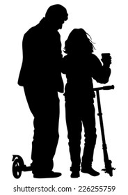 Silhouette of a parent and child on skates