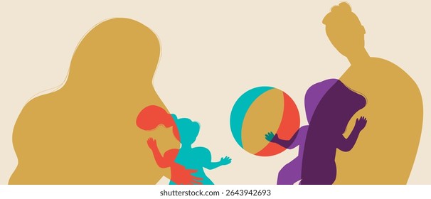 Silhouette parents and children playing ball together, silhouette vector stock illustration as silhouettes Authentic Family