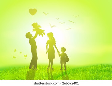 Silhouette of parents and children playing under the sun in a vibrant green park, concept of love and togetherness.