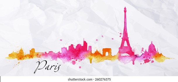 Silhouette Paris city painted with splashes of watercolor drops streaks landmarks in pink with orange tones