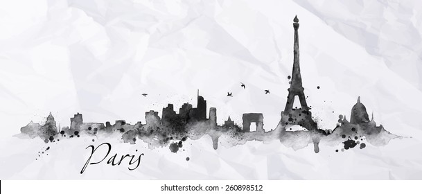 Silhouette Paris city painted with splashes of ink drops streaks landmarks drawing in black ink on crumpled paper