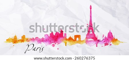 Silhouette Paris city painted with splashes of watercolor drops streaks landmarks in pink with orange tones