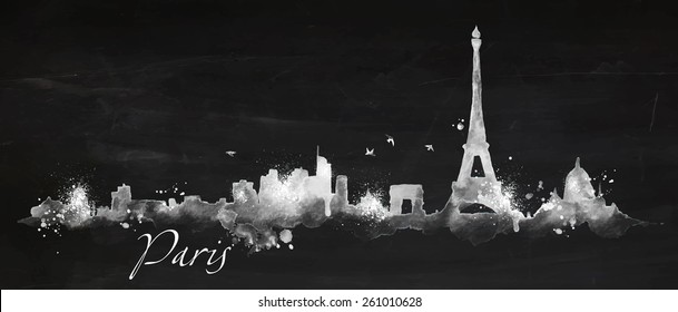 Silhouette Paris city with splashes drops and streaks landmarks drawing with chalk on blackboard