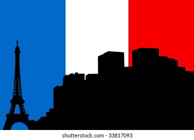 silhouette of Paris on France flag background