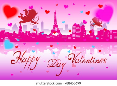 Silhouette of Paris on Valentine's Day. Paris City skyline silhouette. background Vector Illustration.