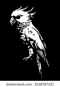 silhouette of a parrot black and white drawing on a black background, vector illustration, for decorating your designs in the style of the beauty of nature and for creating inspiring natural compositi
