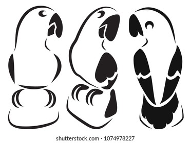 Silhouette parrot. Stencil for laser cutting. Rosy-faced lovebird.  Agapornis roseicollis. Vector african birds on white background. Black and white logo, sign, emblem, symbol. Stamp. Sketch. Die cut.