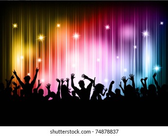 Silhouette of a party crowd against a disco lights background