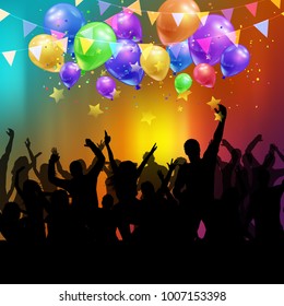 Silhouette of a party crowd with balloons and confetti