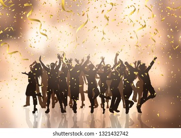 Silhouette of a party crowd dancing on a confetti and streamers background