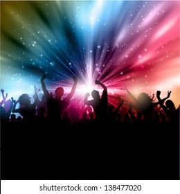 Silhouette of a party crowd on an abstract starburst background