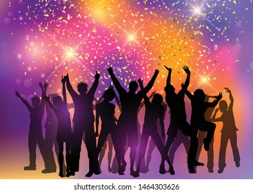 Silhouette of a party crowd on an abstract background with confetti