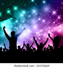 Silhouette of a party crowd on an abstract background with music notes