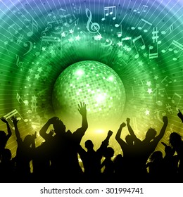 Silhouette of a party crowd on an abstract mirror ball background with music notes and rainbow colours