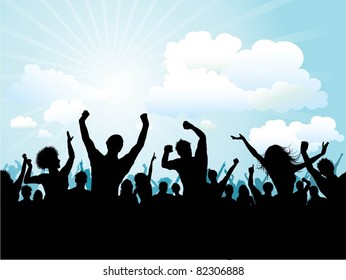 Silhouette of a party crowd on a blue sky background