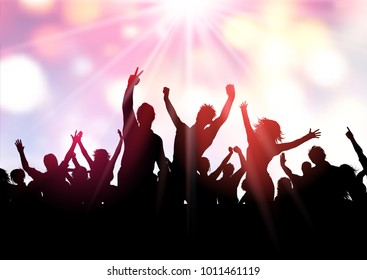 Silhouette of a party crowd on a bokeh lights background