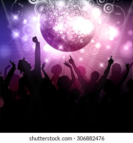 Silhouette of a party crowd on a disco ball background