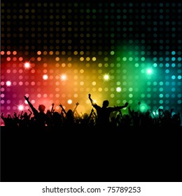 Silhouette of a party crowd on a disco lights background