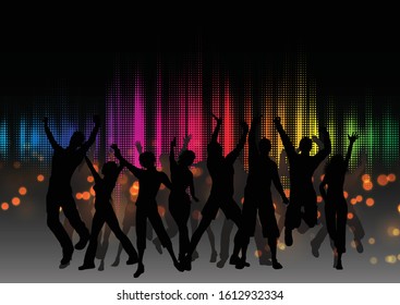 Silhouette of a party crowd on graphic equaliser design 