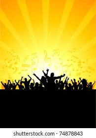 Silhouette of a party crowd on a music notes background